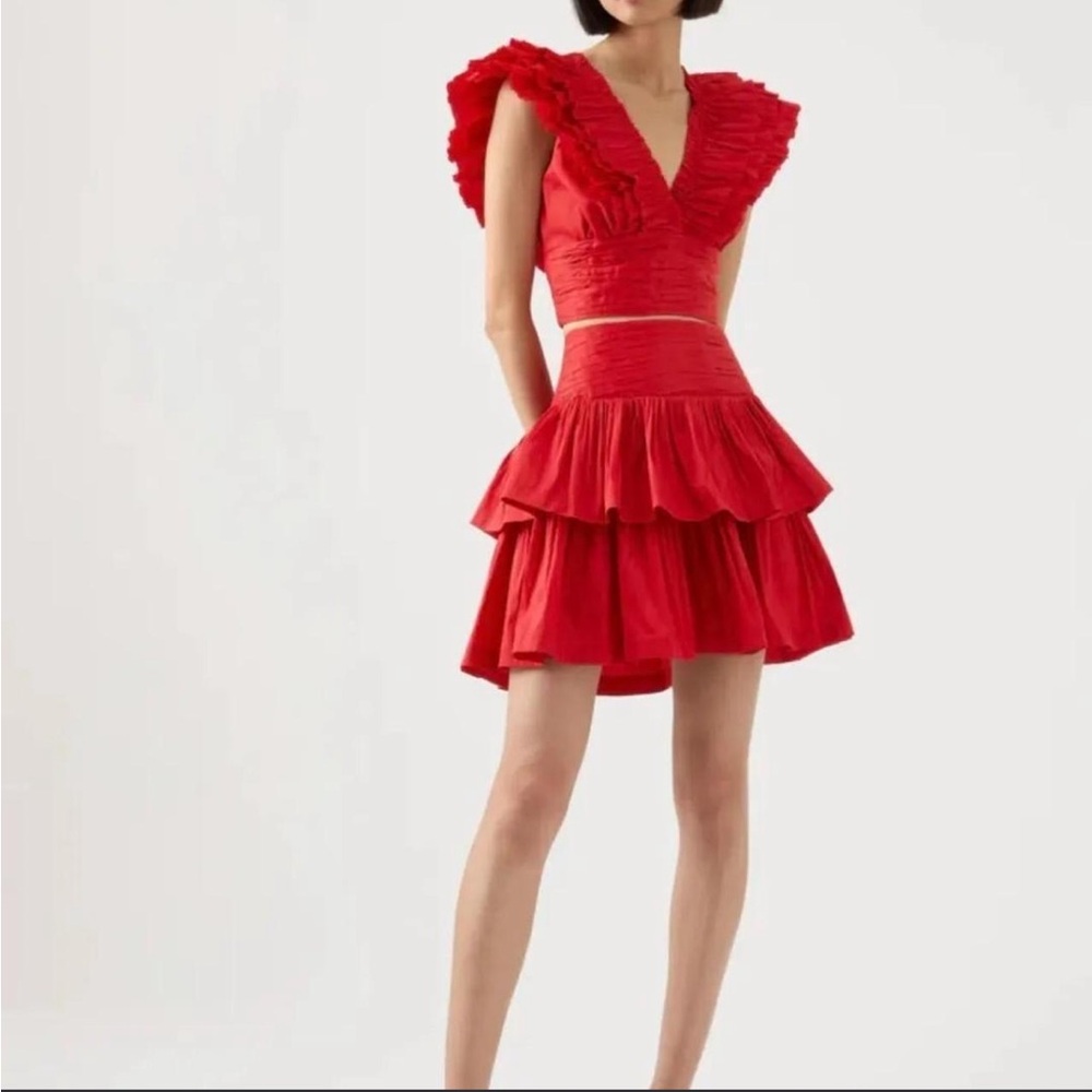 Aje Rhythmic Frill Bodice & Tiered Ruffle Mini Skirt Set in Scarlet Red